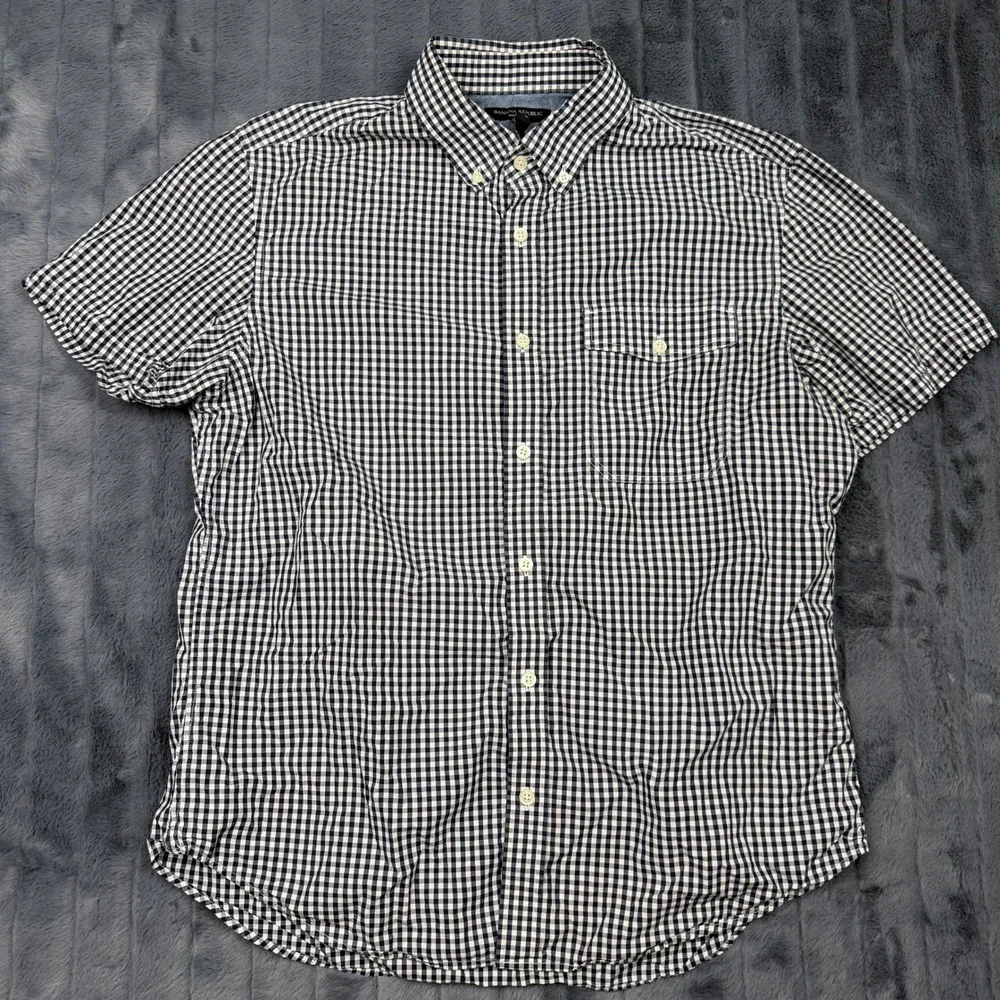 Banana Republic Soft Wash Mens Large Gingham Short Sleeve Button Down Shirt Navy